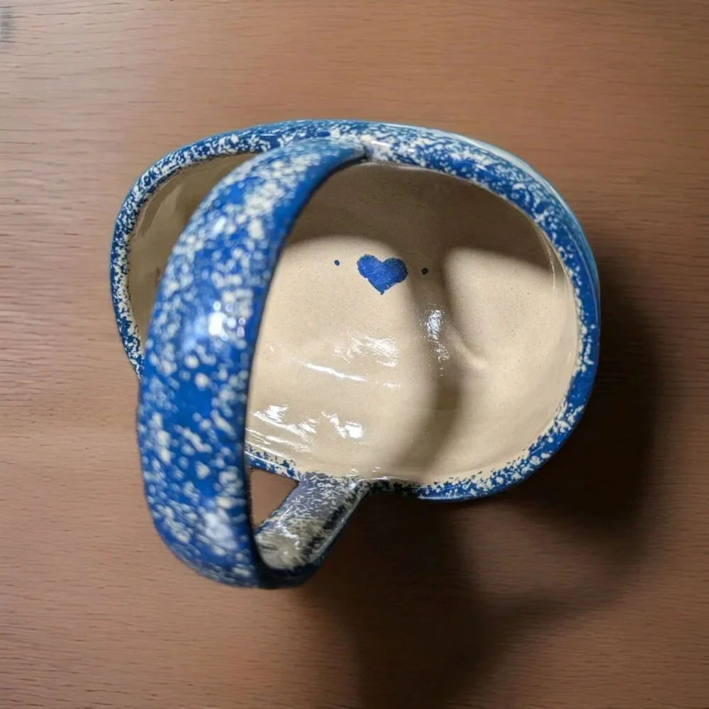 Vtg Pottery Basket Blue Heart Spongeware Trinket Dish Earthy Country Stoneware
